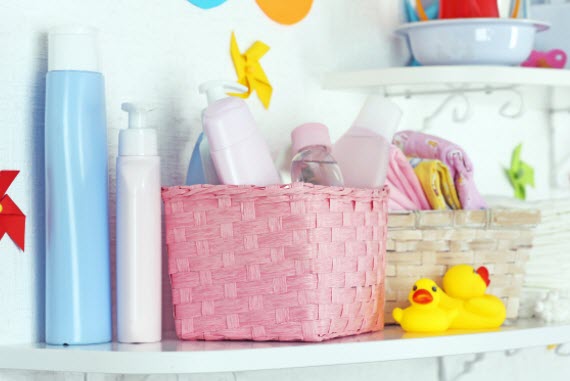 baby toiletries in wicker box