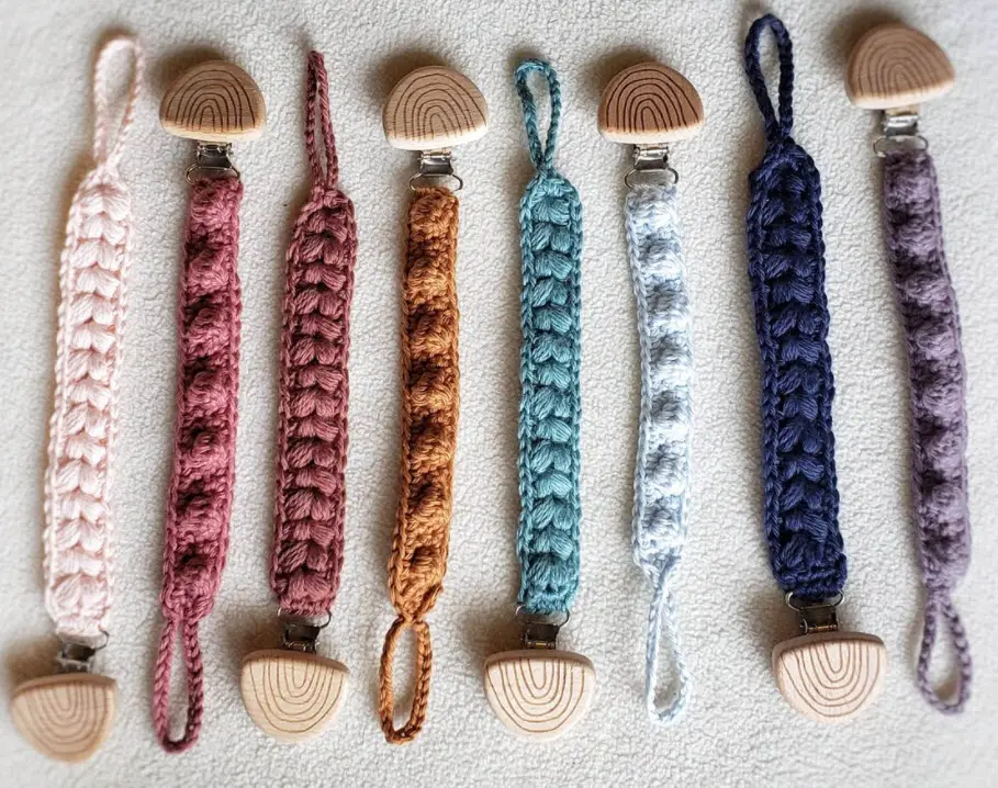 crochet pacifier clips with wooden rainbow