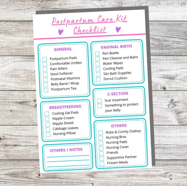 printable postpartum care kit checklist