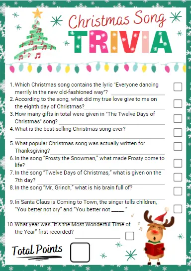 Printable Christmas songs trivia
